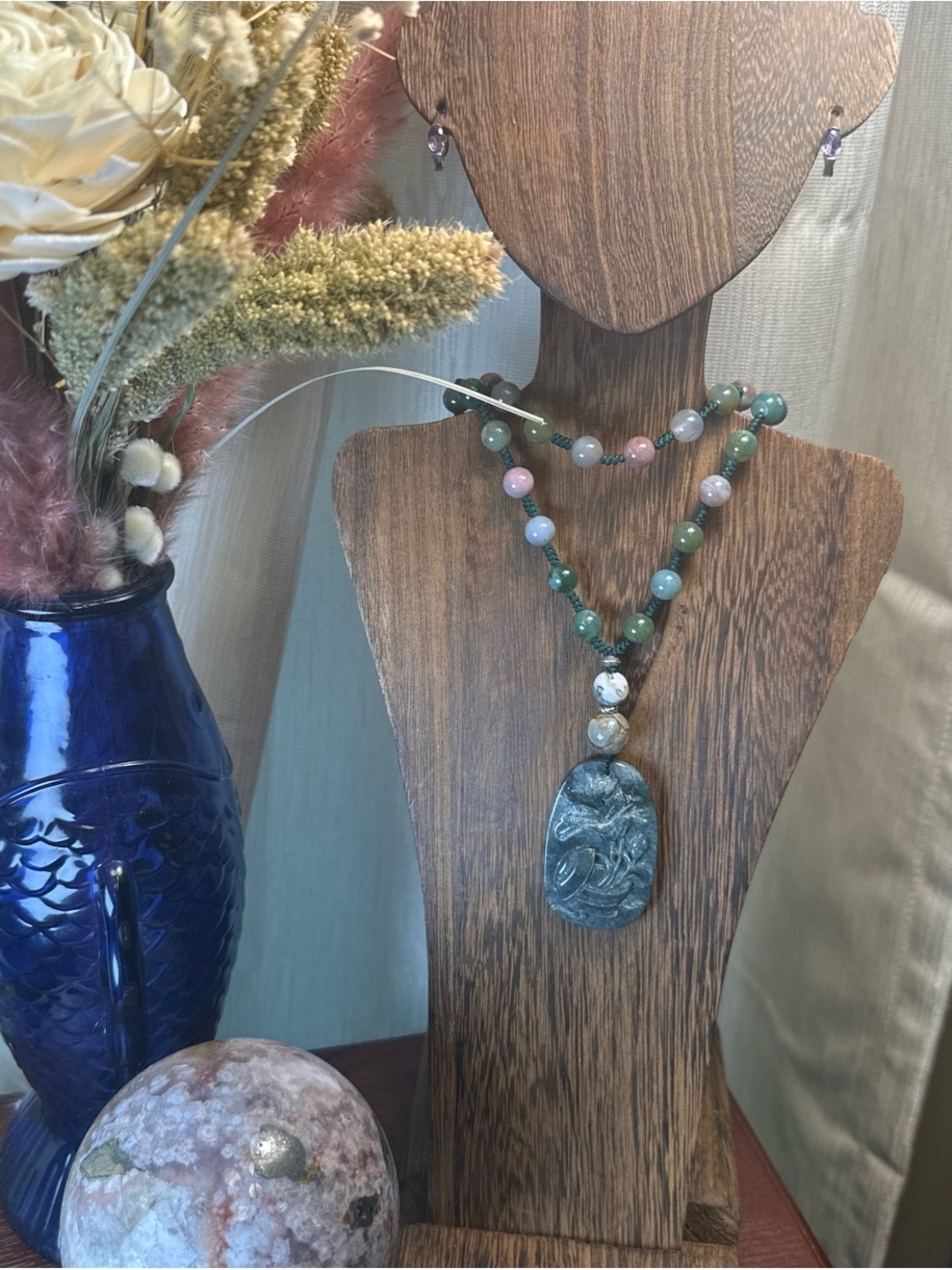 Moss Agate Potted Flower Carving Pendant  Necklace on Colorful Beaded Rope - Picture 7 of 13
